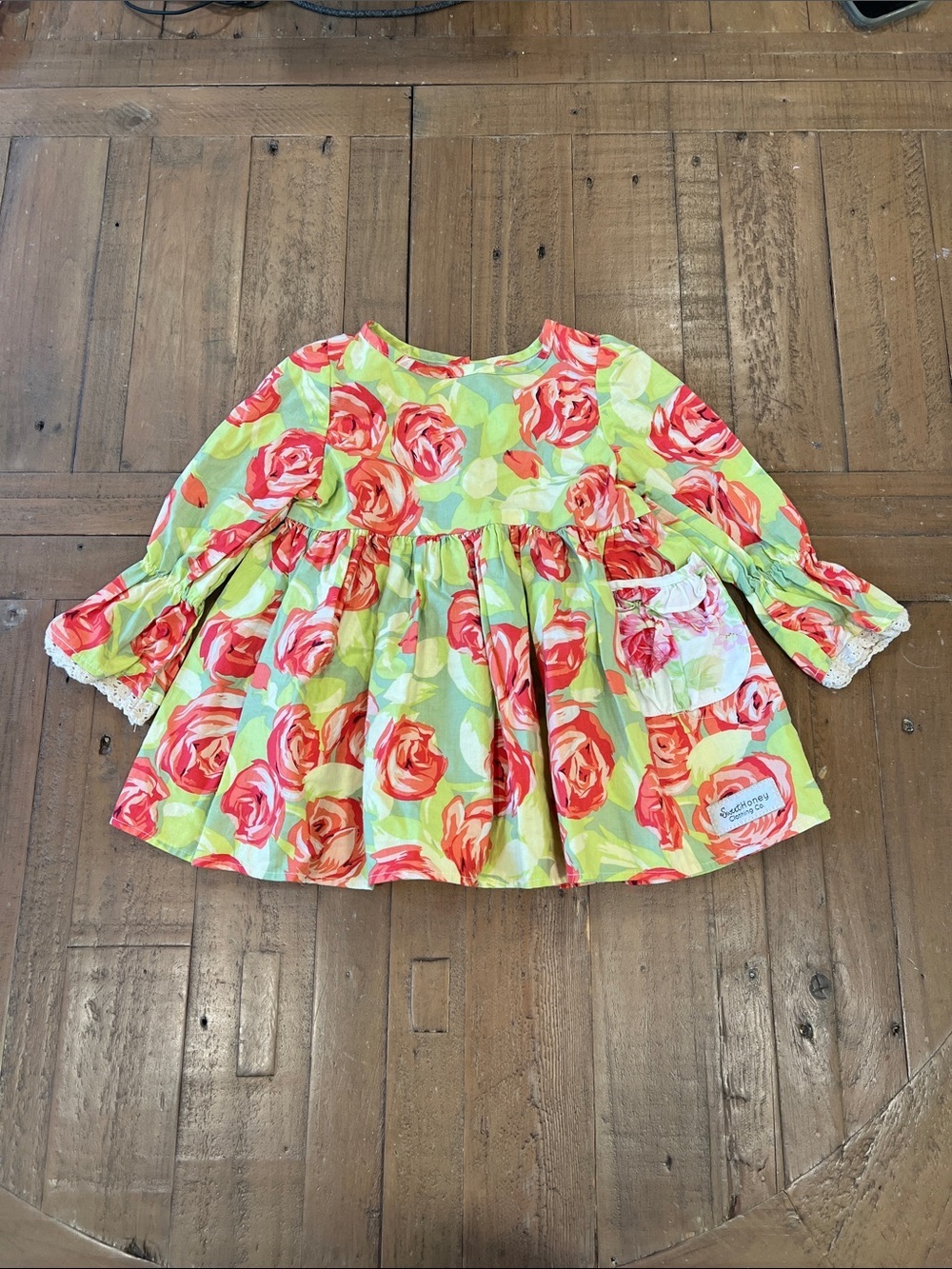SweetHoney OG red rose print green dress 2T boutique floral Cottagecore
